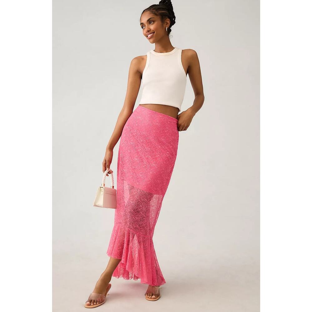 By Anthropologie NWT Sheer Lace Mermaid Skirt in Pink, Size 8